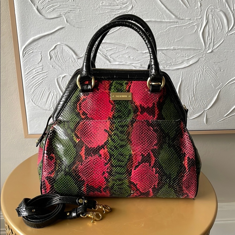 Brahmin Pink & Green Snakeskin Large Satchel